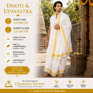 Khadi Dhuti & Dupatta Set (Light Yellow Border)